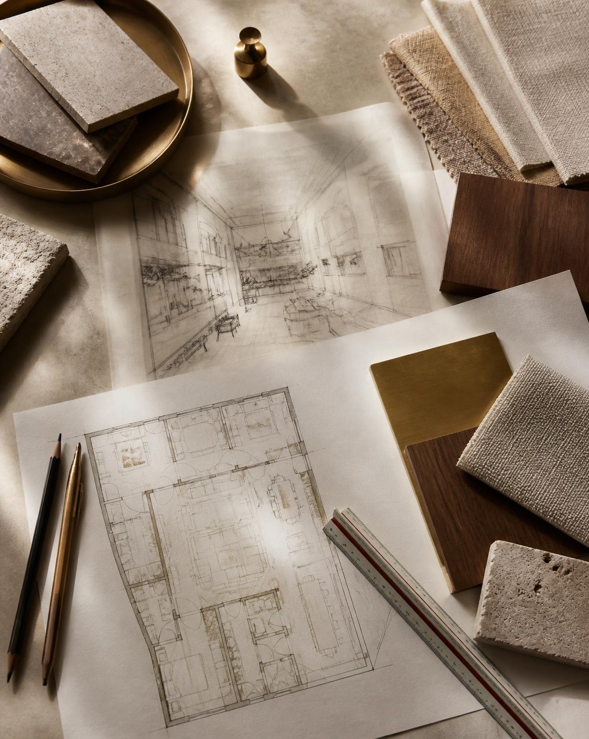 Trace paper sketches, a floor plan, brass, stone, walnut and linen samples on a designer's worktable in warm daylight